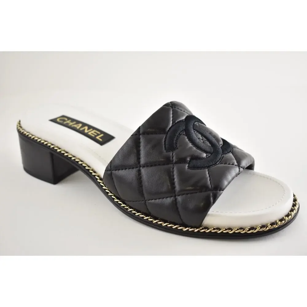 Chanel 25P Black Quilted Leather Chain CC Logo Mule Slide Sandal Block Heel 40